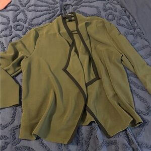Olive Green Open Front Blazer with Black Trim